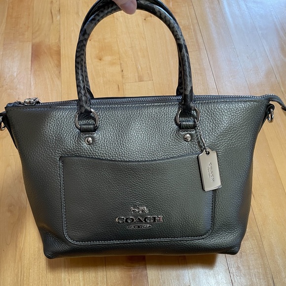 Coach Handbags - Coach Mini Emma Satchel, Metallic Grey with snake print handles and strap